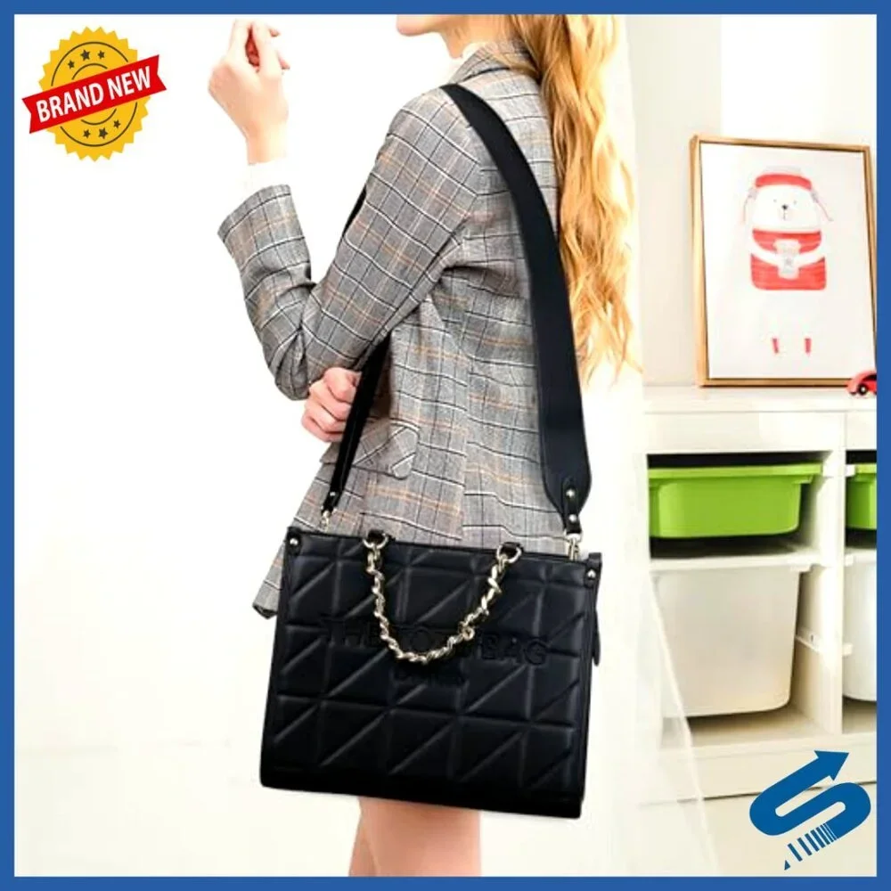 Quilted Tote Bag Elegant Retro Minimal Chic Top Handle Detachable Shoulder Strap - Picture 2 of 6
